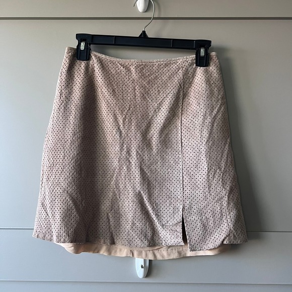 Cache Dresses & Skirts - Cache Leather Suede Perforated‎ A Line Mini Skirt Beige Size 8 Slit Vintage